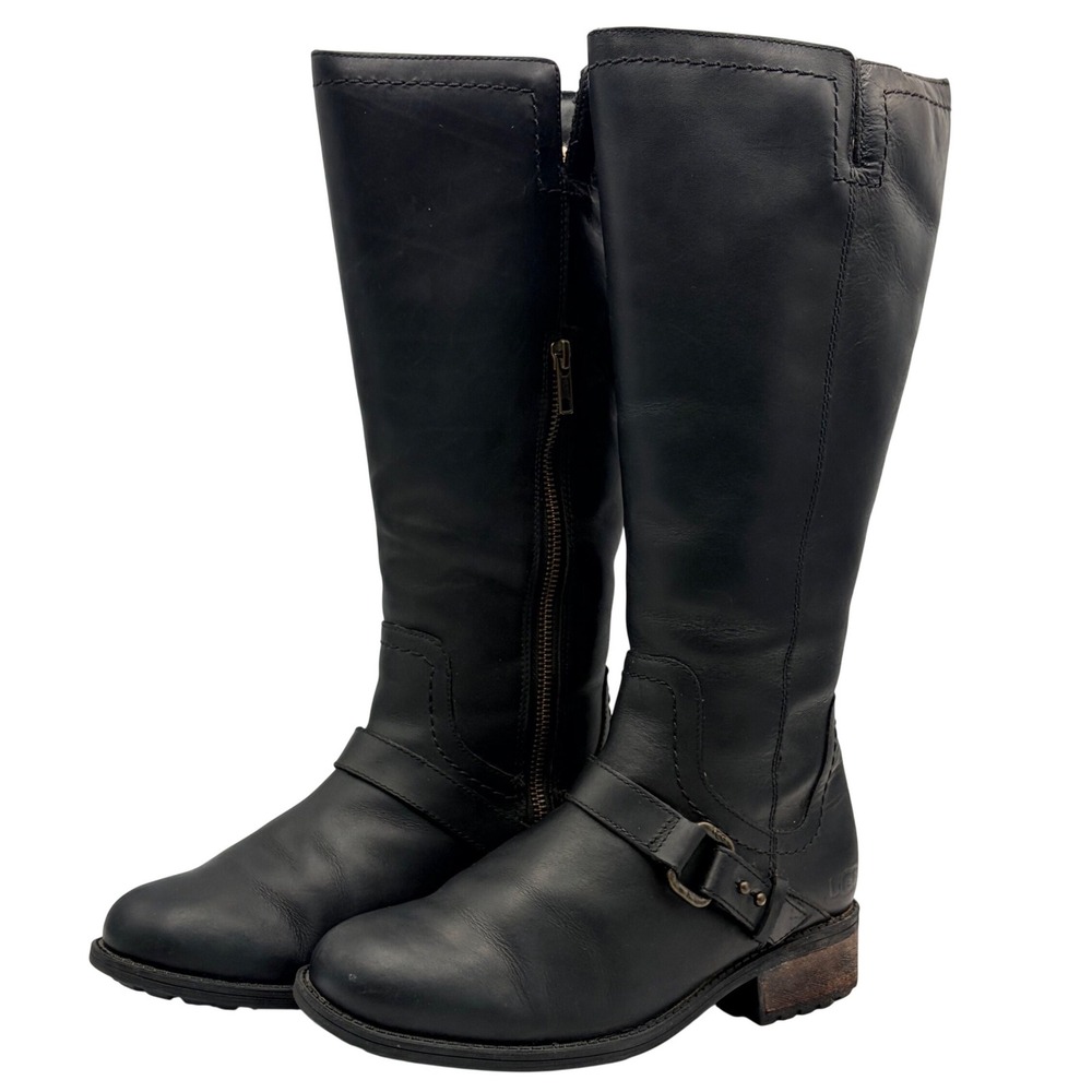 UGG Dahlen Black Leather Tall Moto Riding‎ Boots Womens 6.5 Lined Zipper 1006043